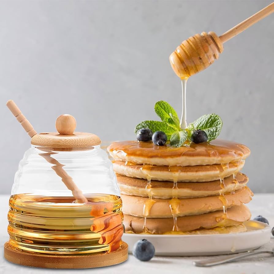 Glass Honey Pot With Spoon, Honey Jar With Wooden Lid, Solid Glass Honeycomb Tank, Honey Pot Dispenser With Lid Glass Honey Pot With Spoon, Honey Jar With Wooden Lid, Solid Glass Honeycomb Tank, Honey Pot Dispenser With Lid